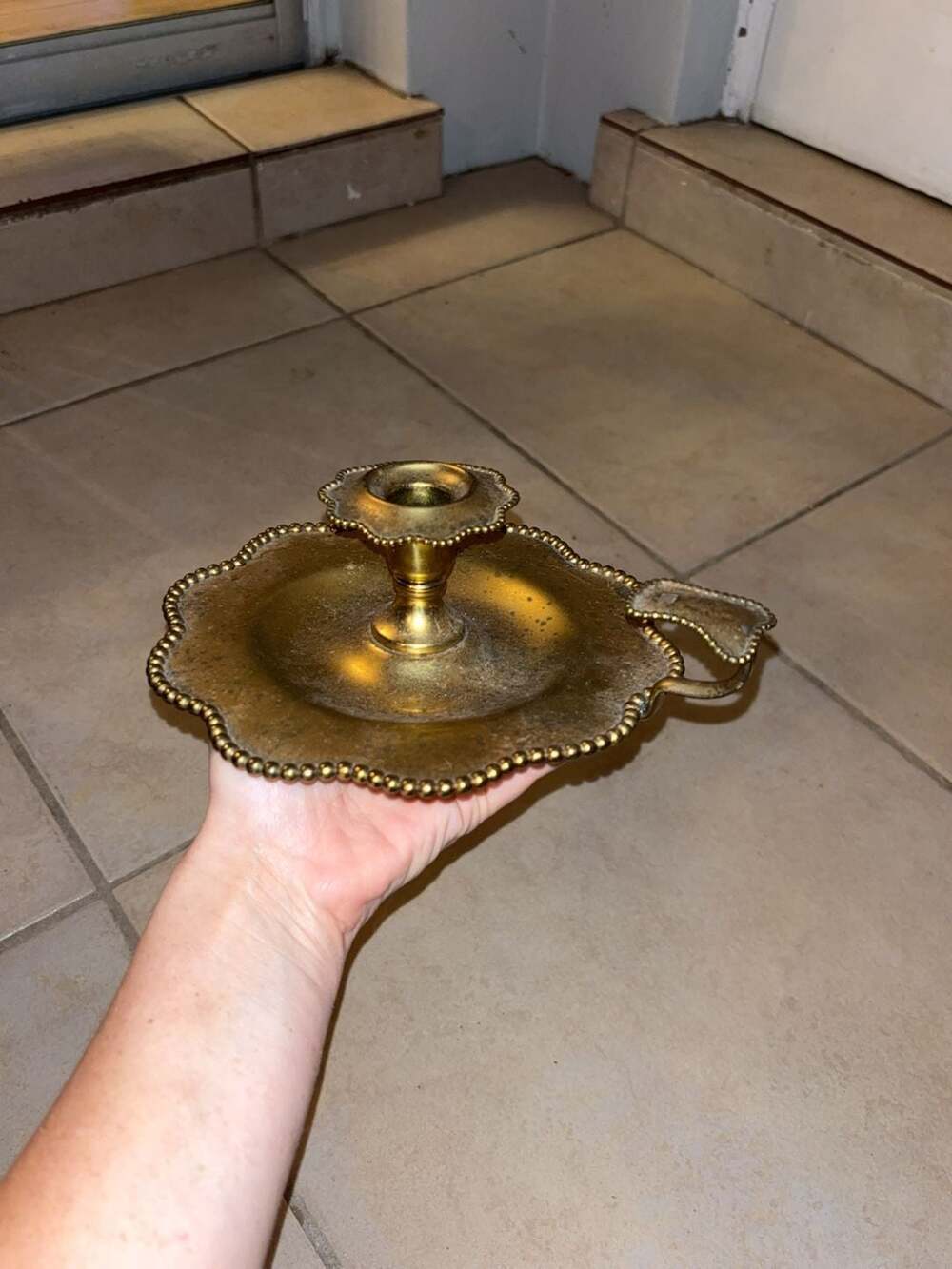 Vintage Brass Scalloped Edge Finger Loop Candlestick Holder